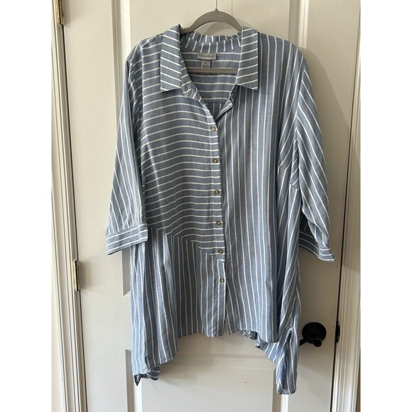 Catherine’s Size 2X Blue Striped 3/4 Sleeve Lagenlook Draped Top Chambray - Picture 2 of 6
